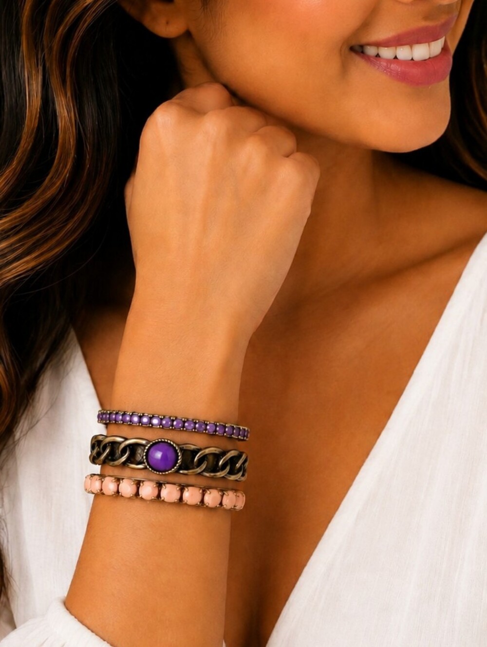 💎Boho Mixed Bangle Bracelet Set Pink Purple Gold Tone Stack Bracelets